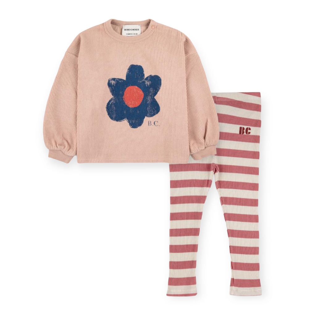 Bobo Choses Baby Ribbed Puff Sleeve Sweatshirt & Leggings Set ~ Big  Flower/Maroon Stripe