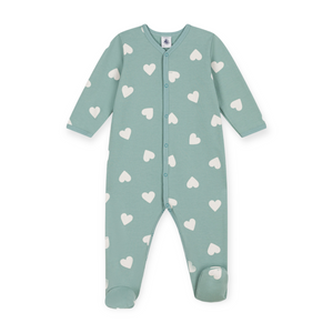 Petit Bateau Front Snap Heart Print Footie ~ Sage