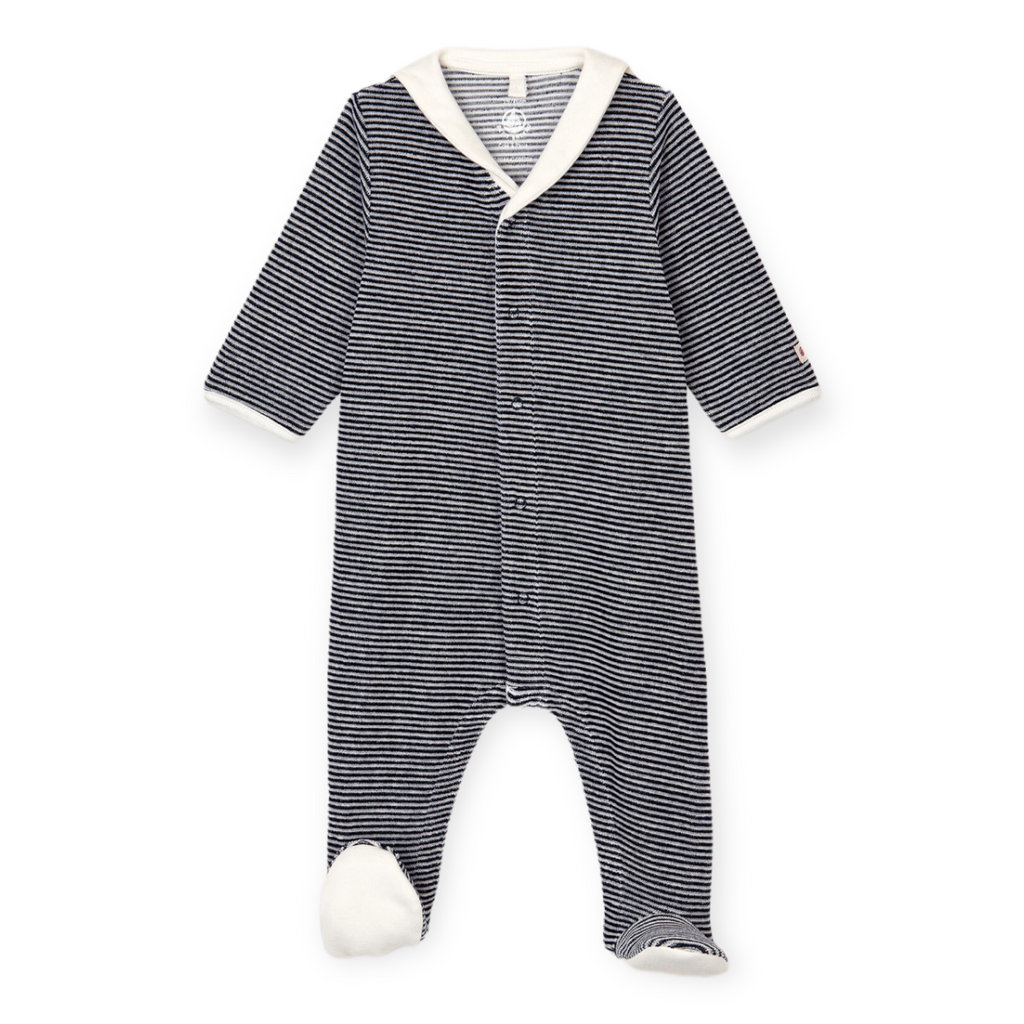 Petit Bateau Velour Front Snap Striped Footie With Collar ~ Navy/White