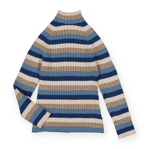 Mayoral Girls Ribbed Mock Neck Top 7-12 ~ Blue Stripe