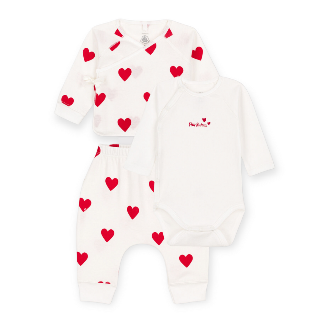 Petit Bateau Hearts Cardigan, Pants, & Onesie 3pc Set ~ White/Red
