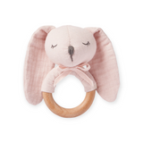 Elegant Baby Muslin Bunny Wooden Ring Rattle ~ Pink