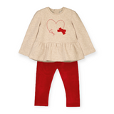 Mayoral Baby Girl Love Peplum Top & Velvet Leggings Set ~ Oatmeal/Red