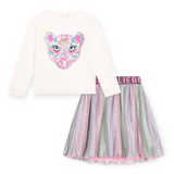 Billieblush l/s T-Shirt w/ Sequins & Metallic Pleated Skirt Set ~ Ivory/Multi