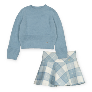 Mayoral Girls Fuzzy Knit Sweater & Check Skirt Set ~ Bluebell