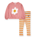 Bobo Choses Baby Puff Sleeve Top & Ribbed Leggings Set ~ Big Flower Pink/Yellow Stripe