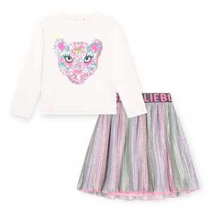 Billieblush l/s T-Shirt w/ Sequins & Metallic Pleated Skirt Set 7-12 ~ Ivory/Multi