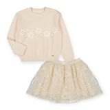 Mayoral Girls Embroidered Knit Sweater & Sequin Tulle Skirt Set ~ Cream