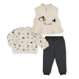 Mayoral Baby Girl Dogs Printed Sweatshirt, Joggers & Fuzzy Vest Set ~ Cream/Anthracite