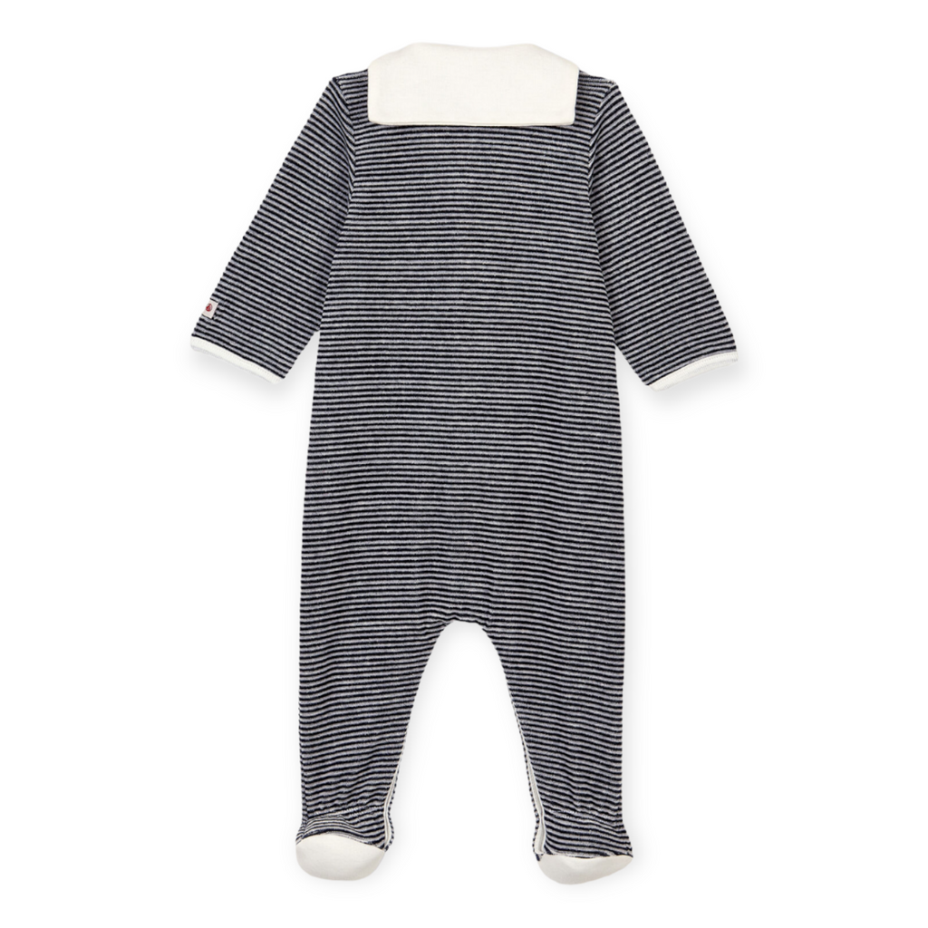 Petit Bateau Velour Front Snap Striped Footie With Collar ~ Navy/White