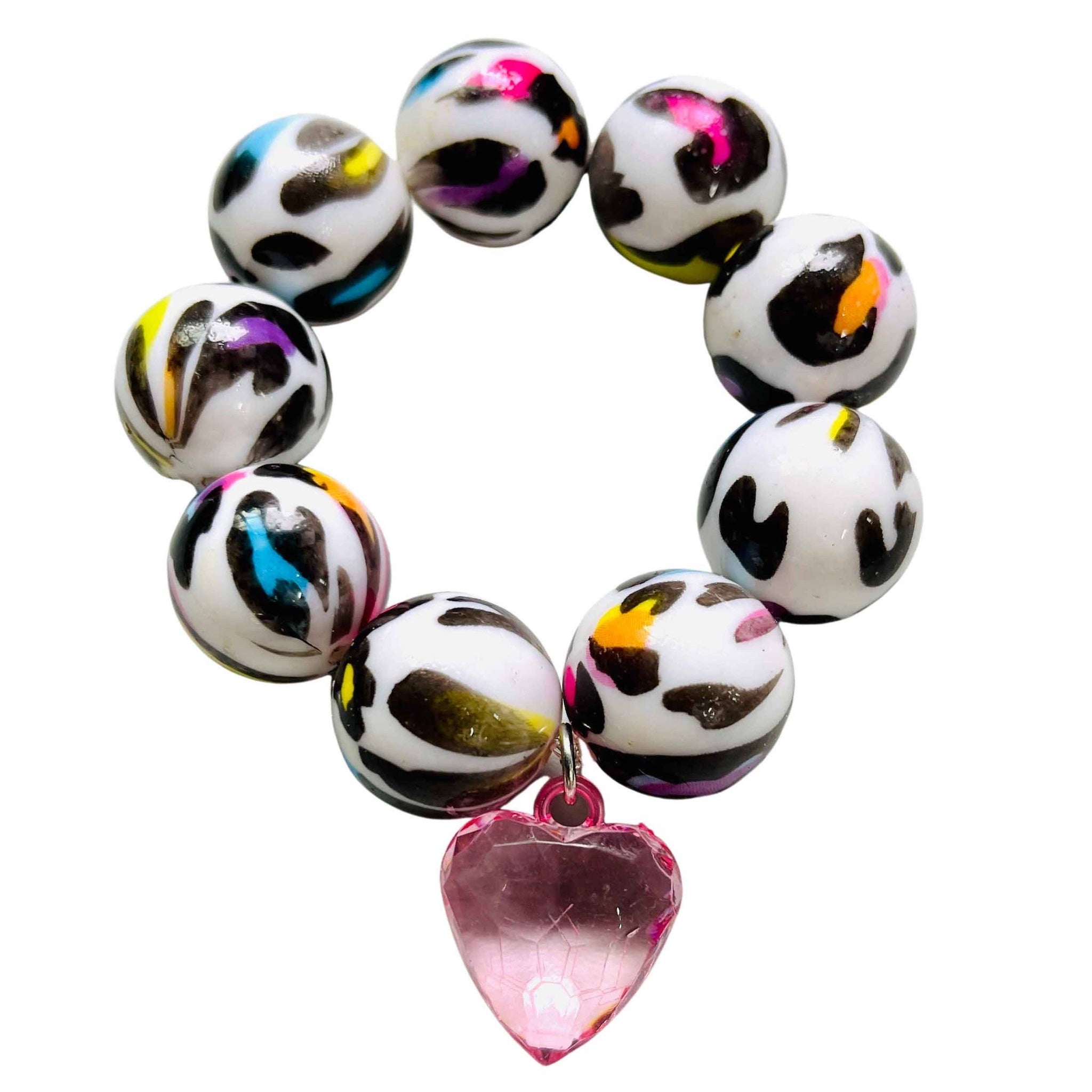 Sadie's Moon Bubblegum Bead Bracelet ~ Heart Rainbow Animal Print