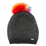 Bari Lynn Metallic Knit Slouch Hat w/ Fur Pom