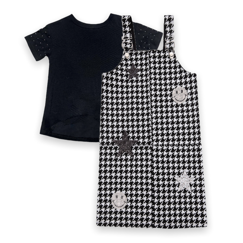 MIA New York Studded Black Tee and Overall Dress 2pc Set ~ Black/Houndstooth
