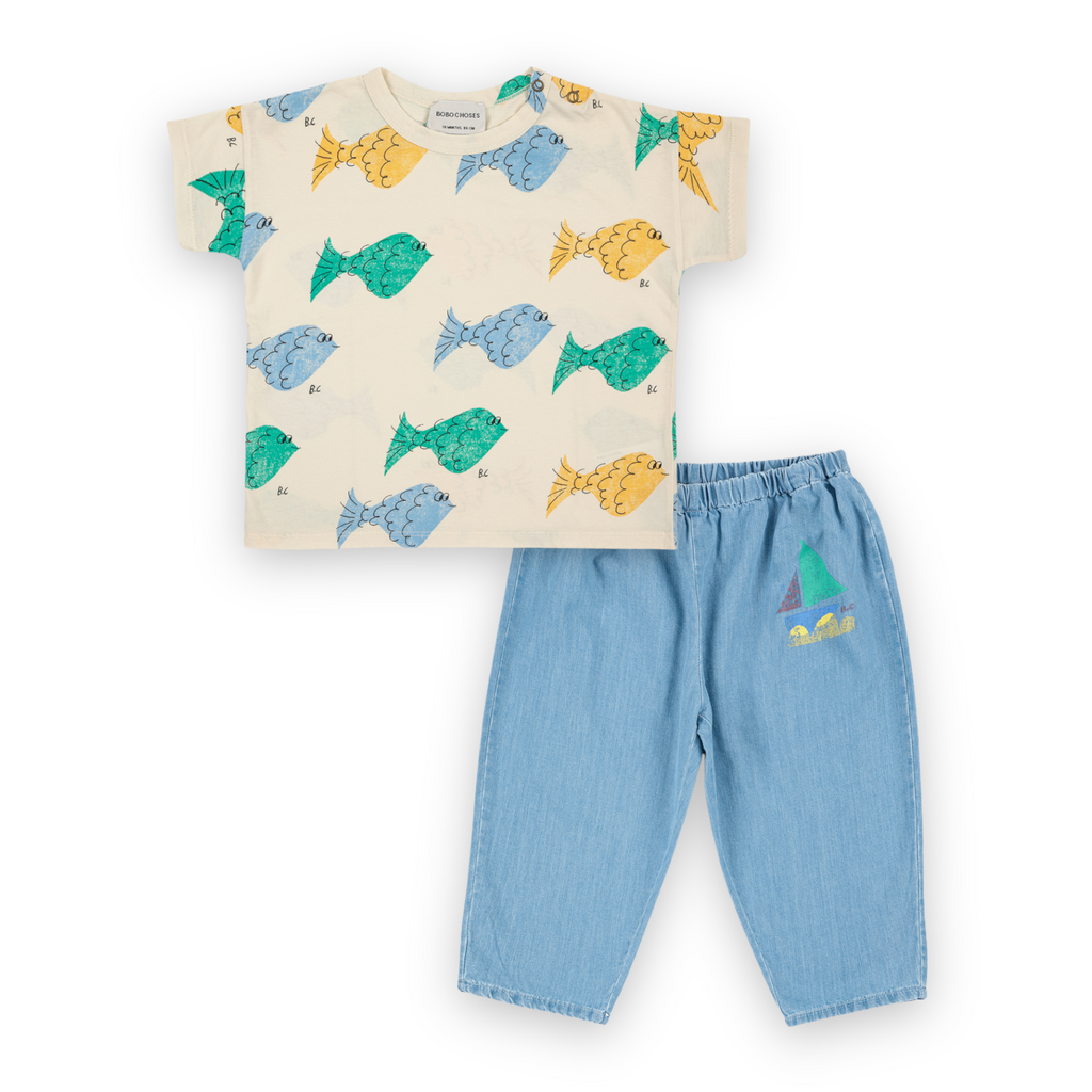 Bobo Choses Baby Printed Tee & Denim Pants Set ~ Multi Fish/Blue