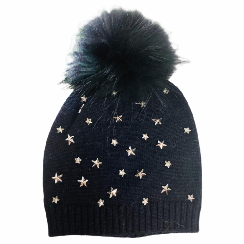 Bari Lynn Studded Star Knit Hat w/ Fur Pom