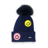 Bari Lynn Knit Hat w/ Fur Pom & Smiley Patches ~ Navy