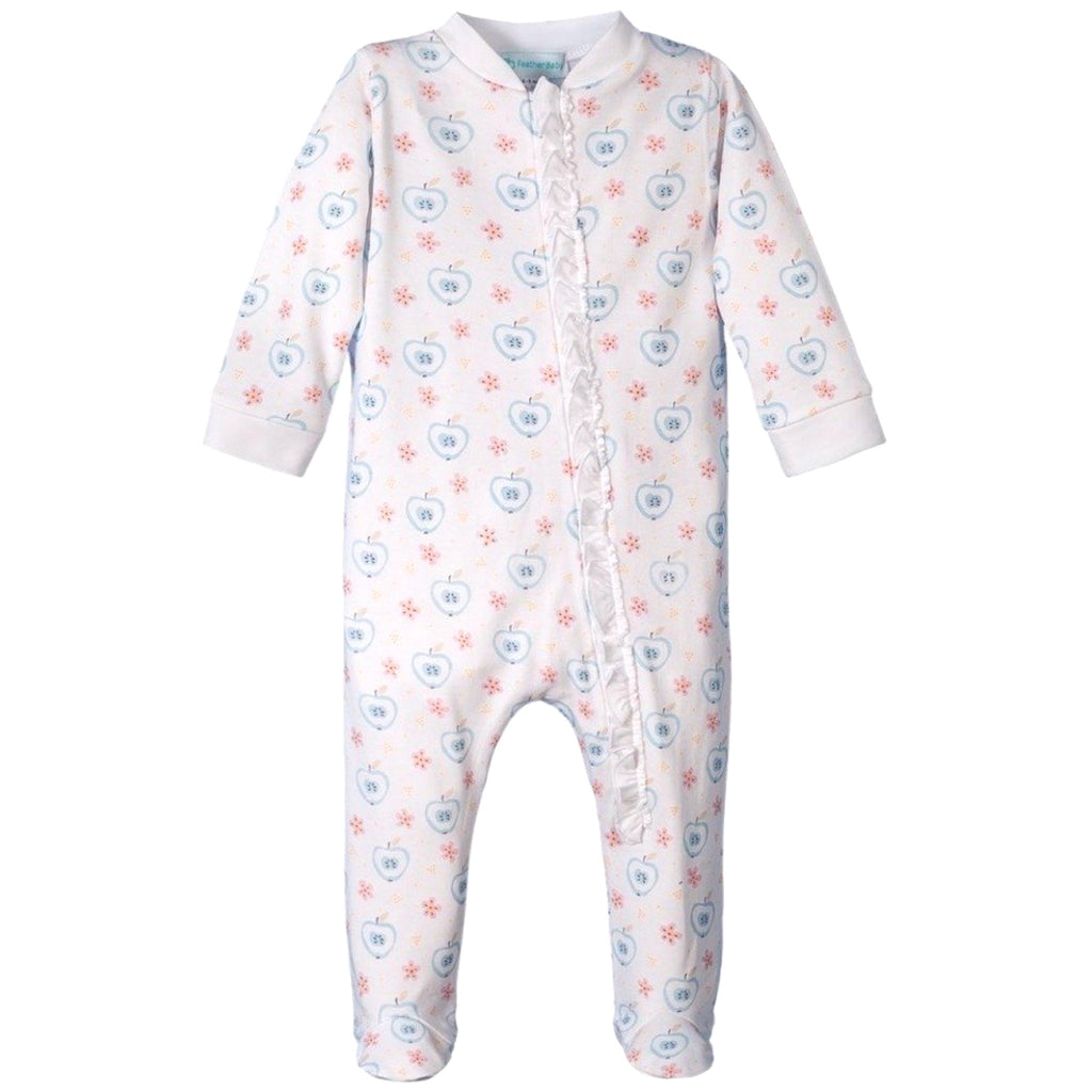 Feather Baby  Zipper Footie with Ruffle - Apples & Flowers on White