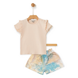 Yell-Oh! Girls Frilled Ribbed Top & Denim Shorts Set ~ Peach Dust/Tie Dye