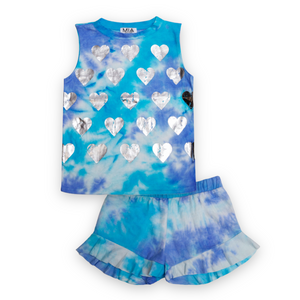 MIA New York Hachi Foil Hearts Tank & Ruffle Shorts Set ~ Blue Tie Dye