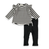 Petit Indi Baby Striped Top w/ Frill & Ribbed Leggings Set ~ White/Back