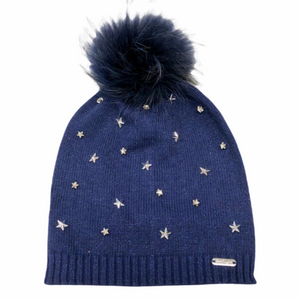 Bari Lynn Studded Star Knit Hat w/ Fur Pom