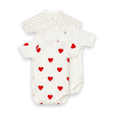 Petit Bateau s/s Crossover Heart Print Bodysuits 3 Pack ~ White/Red