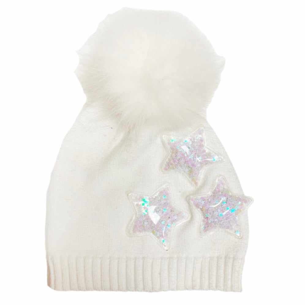 Bari Lynn Confetti Star Knit Hat w/ Fur Pom
