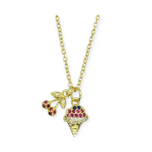 Bottleblond Rhinestone Ice Cream & Cherry Necklace