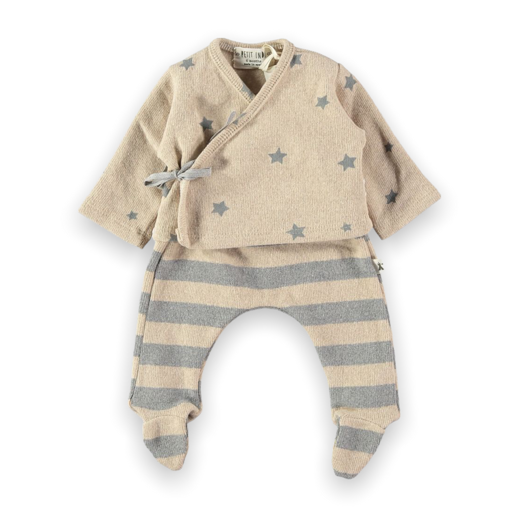 Petit Indi Baby Kimono Top & Footed Pants Set ~ Oatmeal/Stars