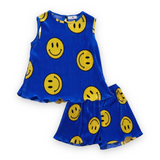 Petite Hailey Pleated Tank & Shorts Set ~ Blue Smiley