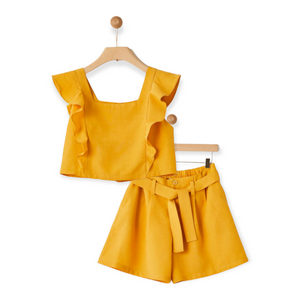 Yell-Oh! Girls Frilled Blouse & Belted Shorts Set ~ Honey Yellow