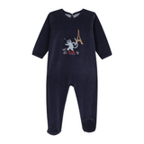 Petit Bateau Back Snap Velour Footie w/ Graphic ~ Navy