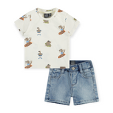 Babyface Baby Printed T-Shirt & Denim Shorts Set ~ Ecru/Blue