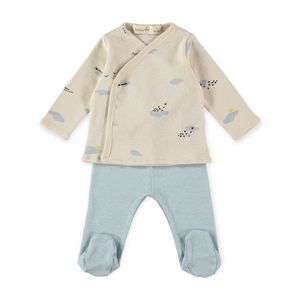 Babyclic Summer Vibes Kimono Top & Footed Pants Set ~ Cream/Blue