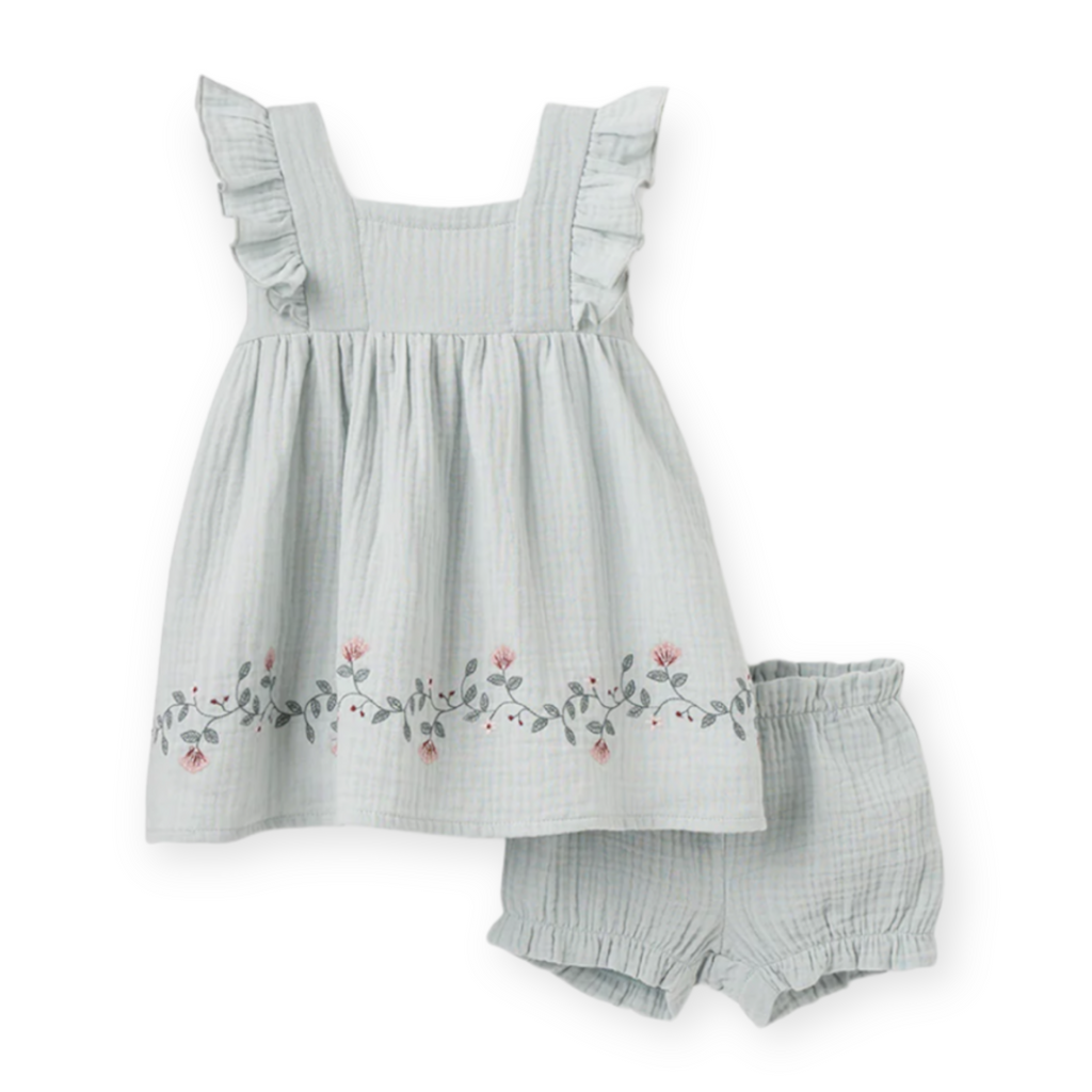 Elegant Baby Embroidered Muslin Dress w/ Bloomer ~ Pale Aqua