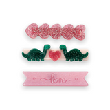 Lilies & Roses Love Dino Hair Clips Set of Three ~ Pink/Green Glitter