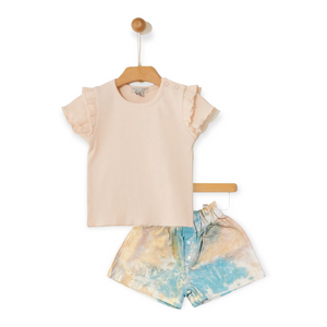 Yell-Oh! Baby Girl Frilled Ribbed Top & Denim Shorts Set ~ Peach Dust/Tie Dye