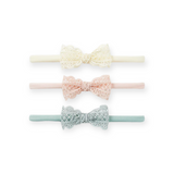 Elegant Baby Lace Bow Headbands 3pk ~ Cream/Pink/Mint
